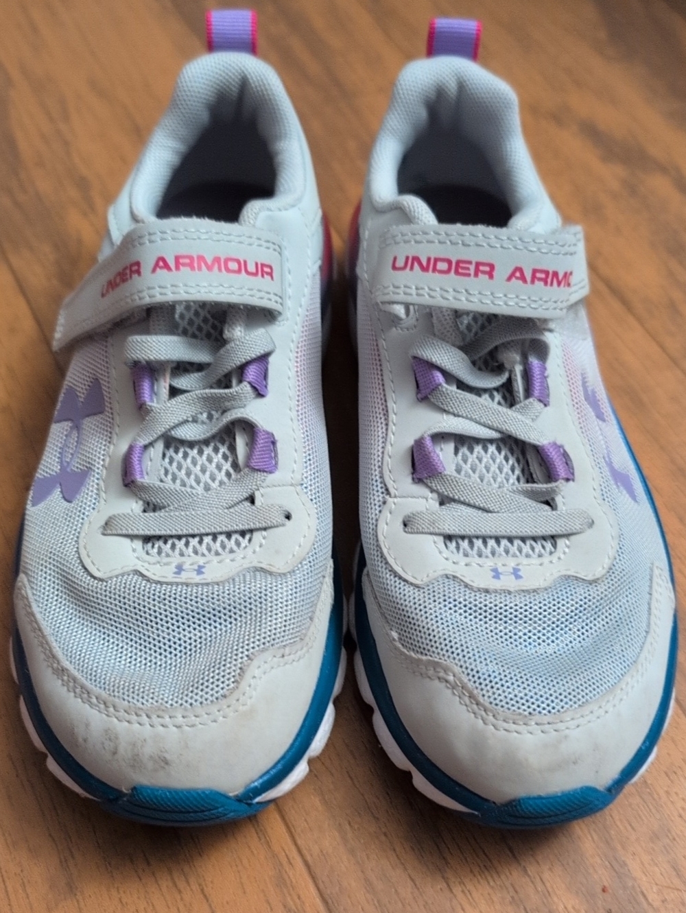 Under Armour Kids Gray Sneakers with Purple and Blue Accents